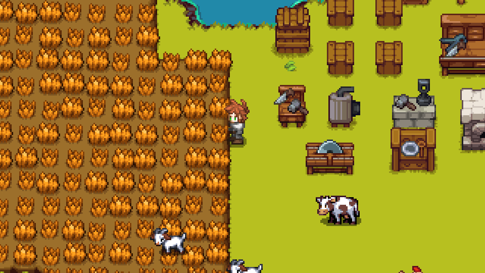A farm with rows of crops, cows, workstations, and a character beside the fields