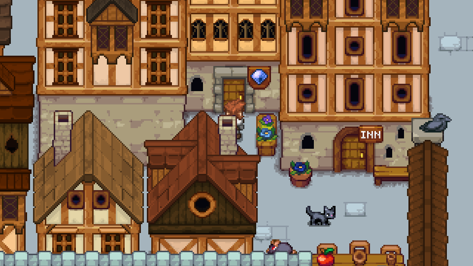 A character in a cobbled city street lined with timber-framed buildings and an inn
