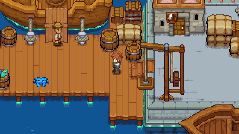 A character at a waterfront dock with ships, barrels, crates, and a cargo crane